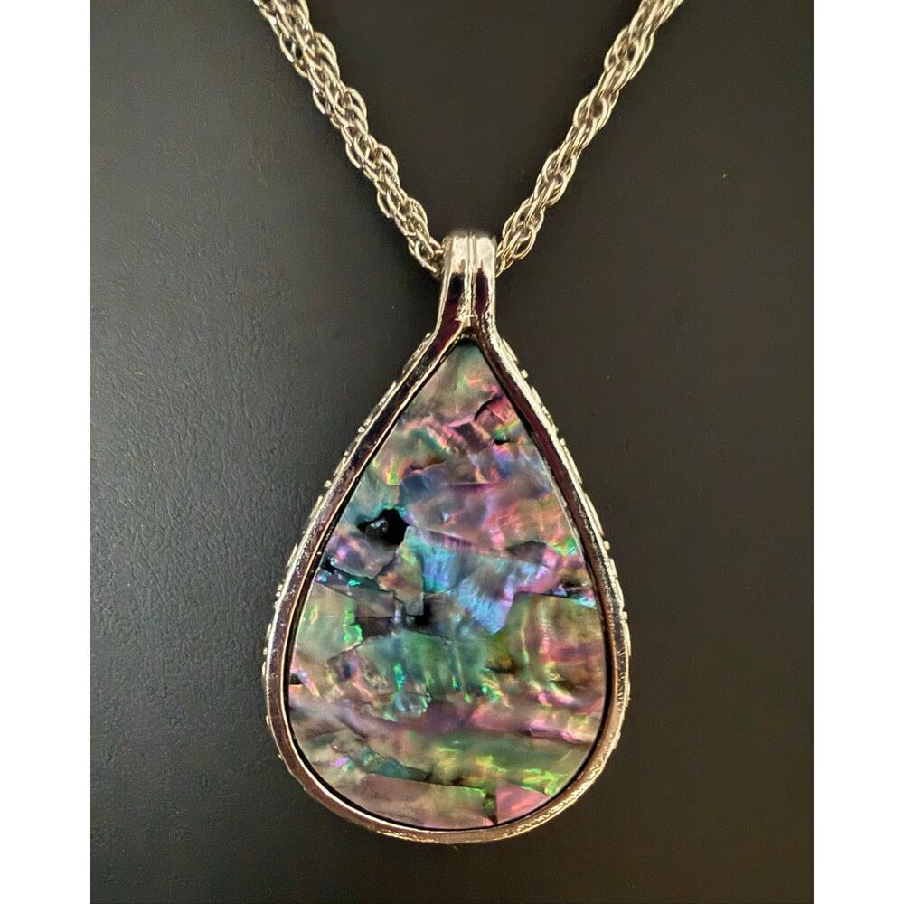 Iridescent Faux Abalone Shell Teardrop Pendant Necklace - Mother of Pearl Finish